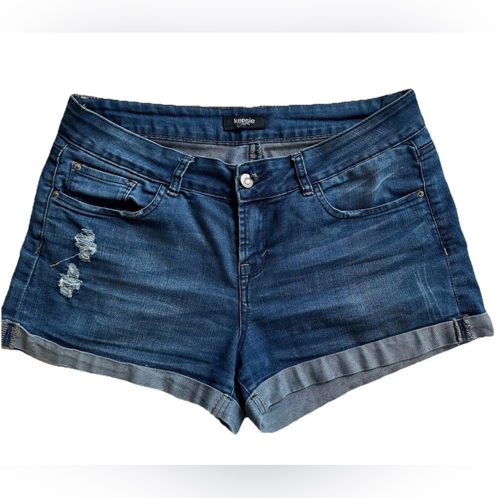 kensie Jeans Medium Wash Cuffed Denim Shorts-28-Whiskered Distressed